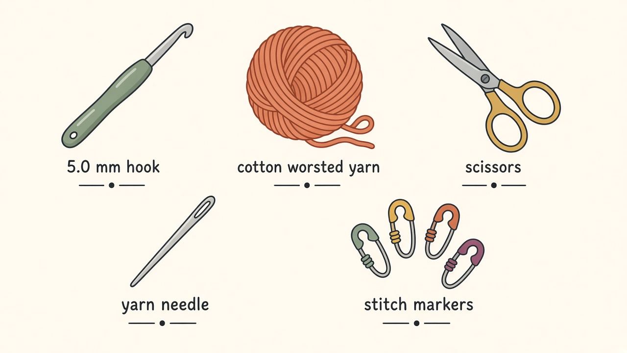 Labeled beginner crochet supplies flat lay