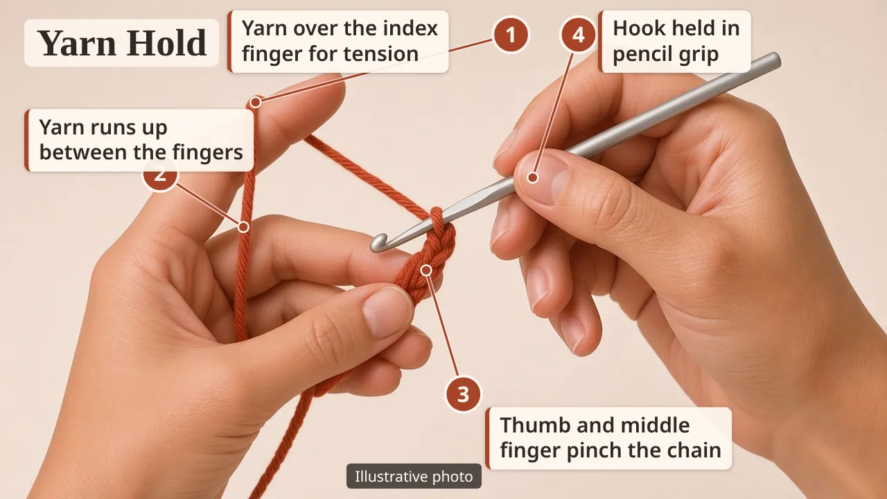Holding the yarn in the left hand: the working yarn runs up between the fingers and over the index finger for tension, the thumb and middle finger pinch the chain, and the right hand holds the hook in a pencil grip