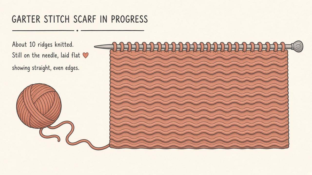 Scarf about ten ridges with even edges